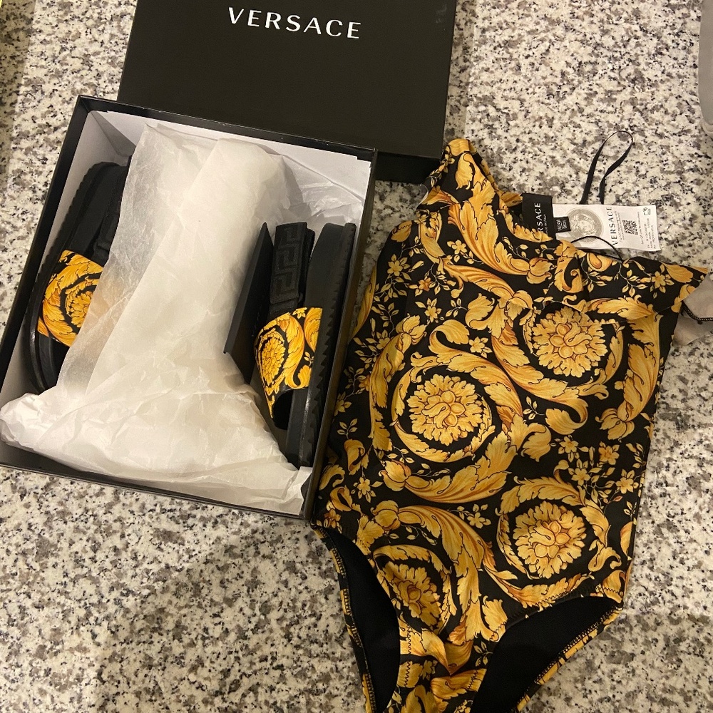 Versace swim suit and sandals